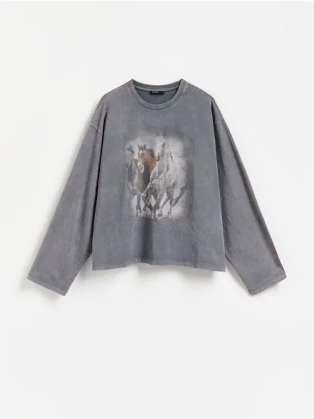 Reserved Tricou din cu mânecă lungă și imprimeu deschis gri