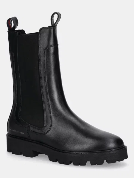 Кожени боти челси Tommy Hilfiger TH LTHR MID CHELSEA с равна подметка черно