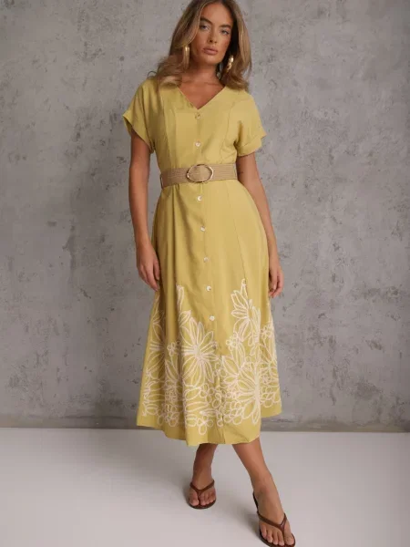 Rochie de vară cu din vâscoză decorată cu broderie și cu curea împletită Tenope galbenă