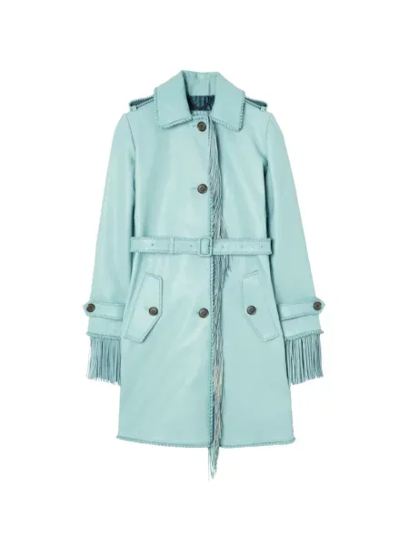 Scurt palton Burberry cu franjuri din piele albastru
