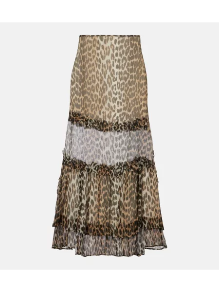 Fusta maxi Ganni din șifon cu imagine cu model leopard maro