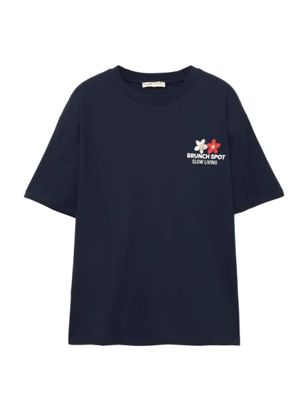 Pull&Bear Tricou ecru / bleumarin / roșu alb