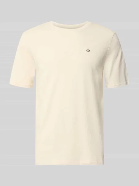 T-shirt z Wyhaftowane logo i Okrągły dekolt Scotch & Soda beżowa