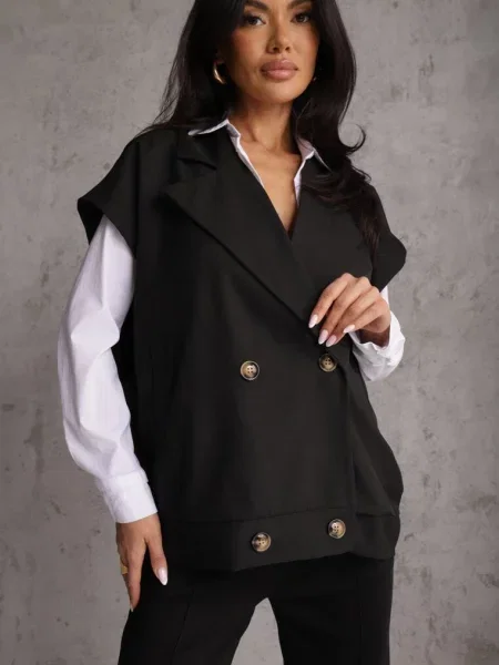 Dwurzędowa Kamizelka Oversize o Garniturowym Kroju Edoriela czarna