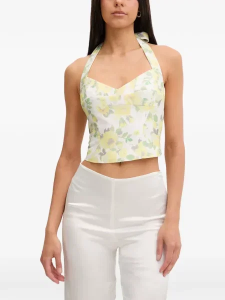 Top Bardot cu model floral cu imagine cu gât halter galben