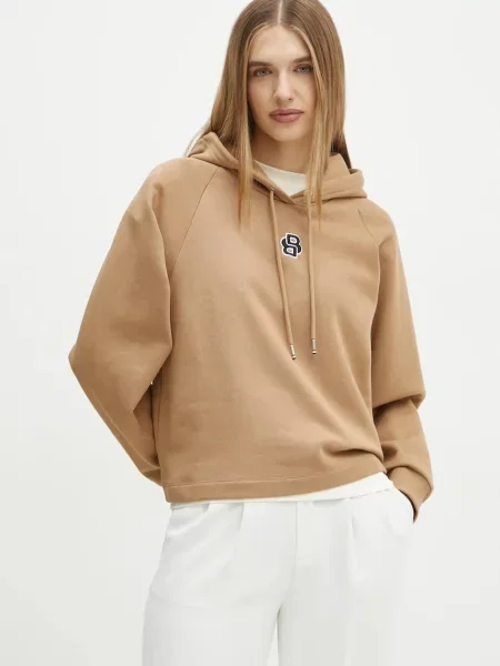 Bombažen pulover BOSS s kapuco bež