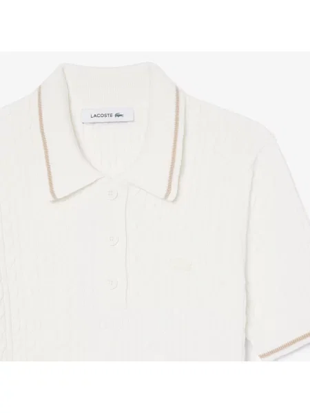 Lacoste Sweter Z Golfem W Prążki Warkoczowa Kremowy biały