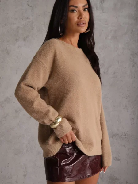 Sweter Oversize z Bawełną i Wełną Typu Basic Oseani beżowy