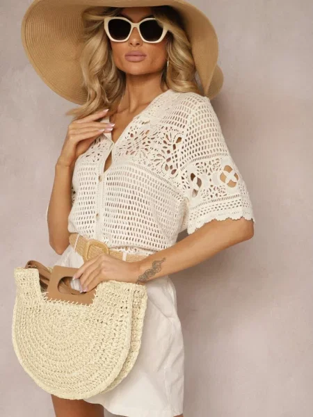 Ażurowy Kardigan z Bawełny z Kołnierzykiem i Mleella beżowy