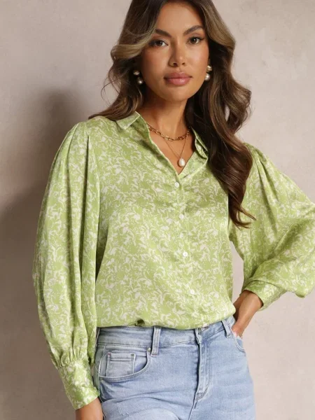 Cămașă Florală cu Mânecă Bufantă cu Manșetă Aris verde