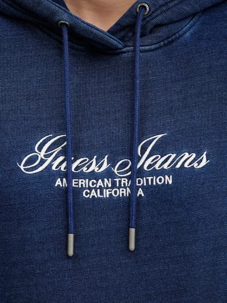 Свитер Guess Jeans с капюшоном с аппликацией синий