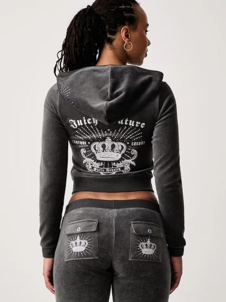 Juicy Couture bluza rozpinana z kapturem z bawełną REGAL REBELLE ROBYN szara