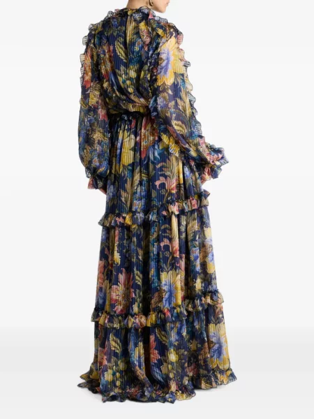 Rochie Etro de mătase cu model floral cu volane albastru