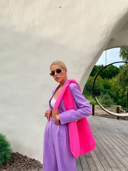 Повсякденний костюм Milirud кроп-жакет + брюки палаццо лавандовий бавовна/поліестер