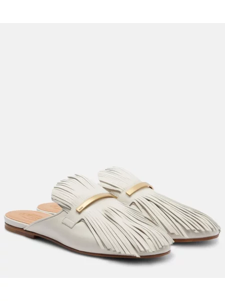 Papuci tip mules Tod's cu franjuri din piele alb