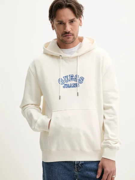 Bombažen pulover Guess Jeans s kapuco bež