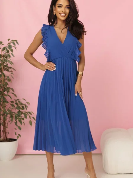 Sukienka Numoco z falbankami plisowana garniturowa niebieska