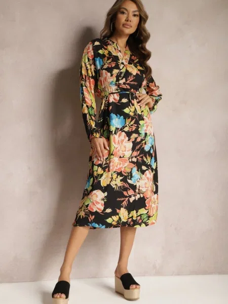 Rochie Neagră-Roz Tip Plic cu Imprimeu Floral Aleratoa negru