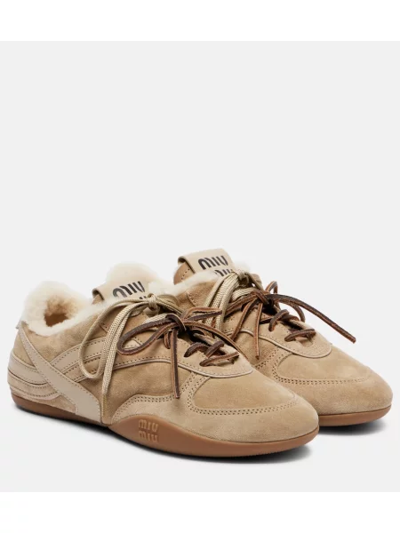 Sneakerși Miu Miu din piele de căprioară bej