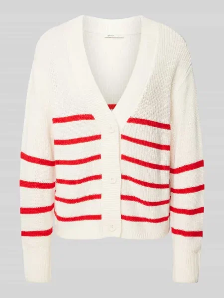 Kurtka z dzianiny o kroju relaxed fit z mieszanki bawełny z dekoltem w serek Tom Tailor Denim biała