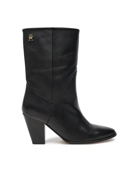Кожени боти Tommy Hilfiger MID COWBOY HEEL LEATHER с дебел черно