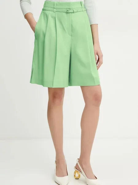 Вълнени къси панталони BOSS с изчистен дизайн с висока талия зелено