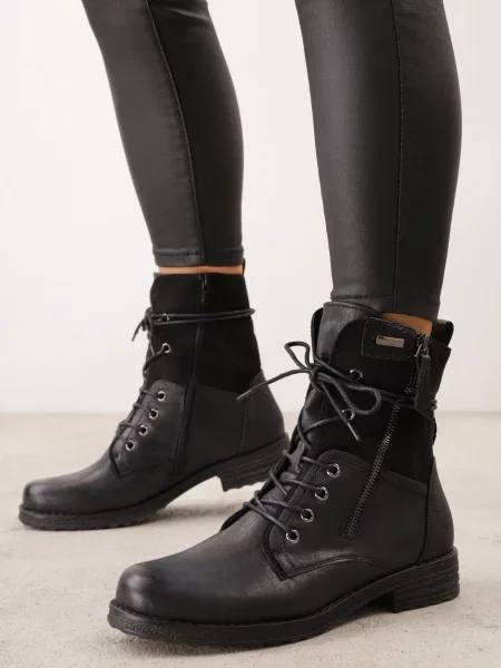 Botine VICES tip trzewici cu inserții din piele de șarpe și decorativ Tinoa negre