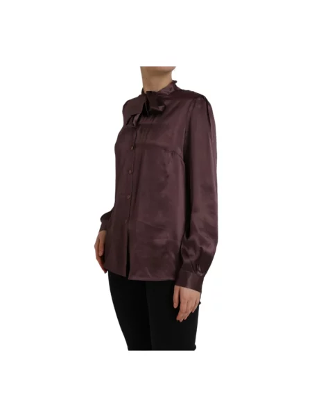 Jedwabna koszula Dolce And Gabbana z kokardką brązowa