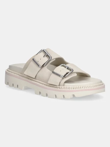 Tommy Jeans papuci din piele DOUBLE STRAP SANDAL SUEDE bej