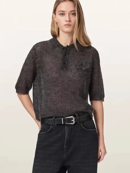 Tricou polo Allsaints de lână gri