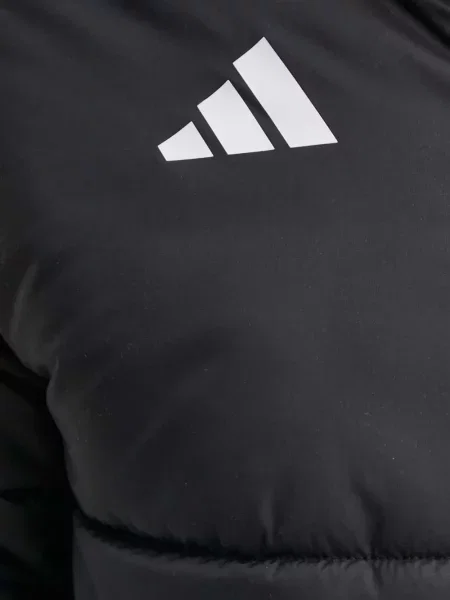 Geacă cu puf Adidas din piele de căprioară cu dungi cu glugă albastru