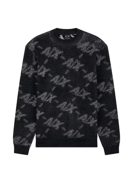 Pulover Armani Exchange cu decolteu rotund din jacard cu autograf negru