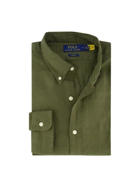 Koszula lniana o kroju slim fit z wyhaftowanym logo Ralph Lauren zielona