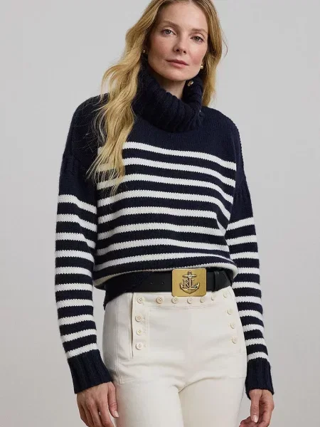 Вълнен пуловер Lauren Ralph Lauren дамски от топла материя с поло тъмносиньо