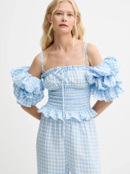 The Sleeper bluză din in cu imprimeu albastru