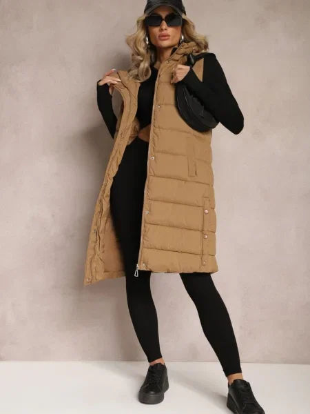 Vestă lungă matlasată cu Banuni bej