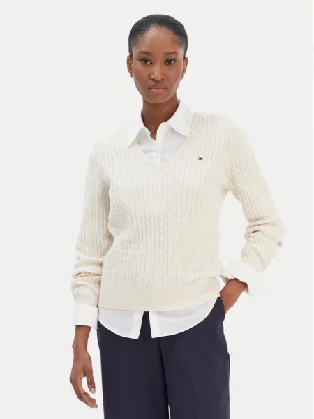 Sweter z dzianiny o kroju regular fit z czystej bawełny Tommy Hilfiger beżowy