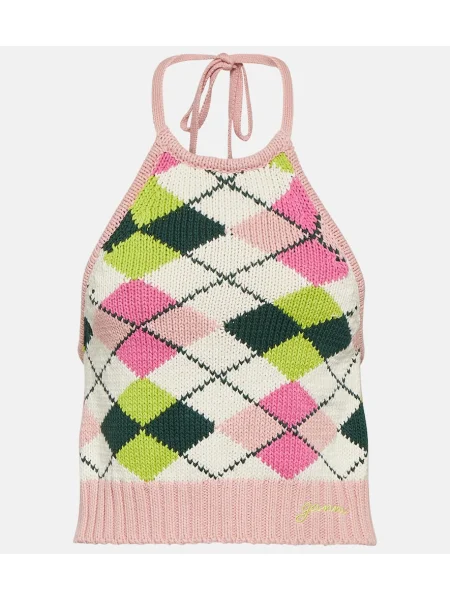 Top Ganni z wzorem argyle z dekoltem halter