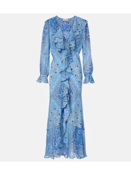 Rochie maxi Rixo de mătase cu volane de costum albastru