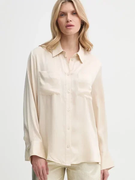 Gestuz cămașă de mătase cu guler clasic regular bej
