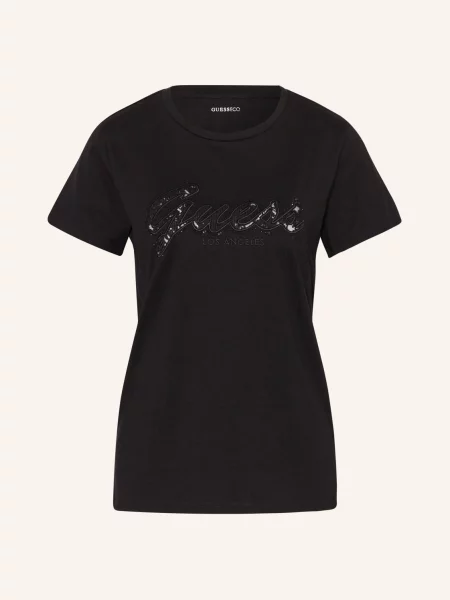 T-shirt z z obszyciem kamieniami stras Guess czarna
