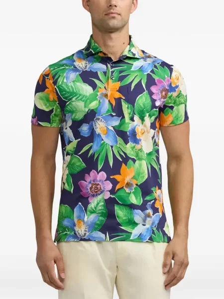 Поло тениска Ralph Lauren Purple Label на цветя с принт синьо