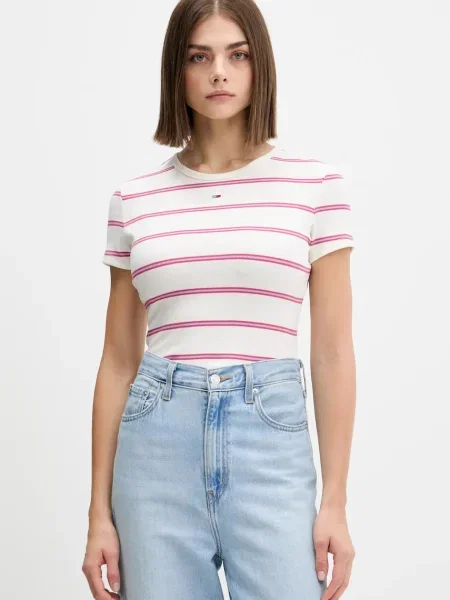 Тениска Tommy Jeans дамска бежово