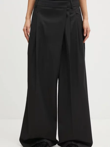 GANNI spodnie z dodatkiem wełny Calendered Wool Mid Waist szerokie high waist czarny