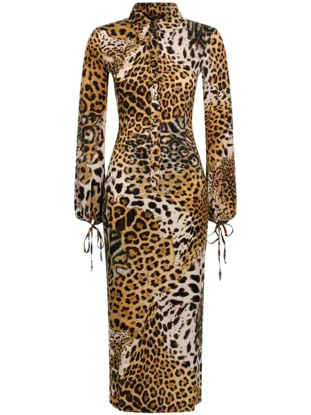 Rochie midi Roberto Cavalli cu imagine cu model leopard până la genunchi maro