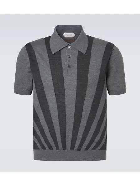 Volnena polo majica Versace s črtami siva