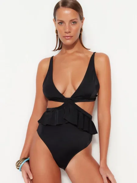 Бански Trendyol с V-образно деколте черно