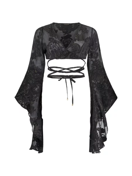 Mâneca clopotului bluză Roberto Cavalli cu model floral negru