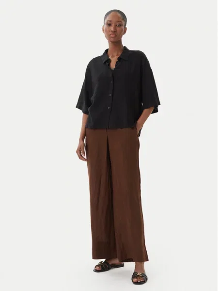Tommy Hilfiger Hlače iz tkanine Temno Wide Leg rjava