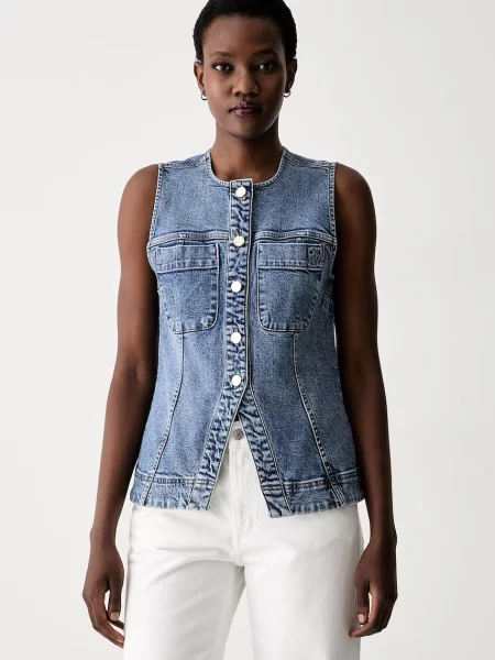 DKNY vestă cu un singur rând de pentru femei din denim albastru